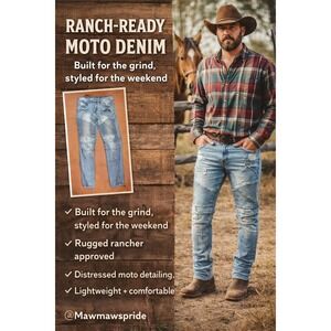 Waimea Weastern Ranch Moto Denim Jeans Light Wash Distressed 34x32 Ribbed Panels